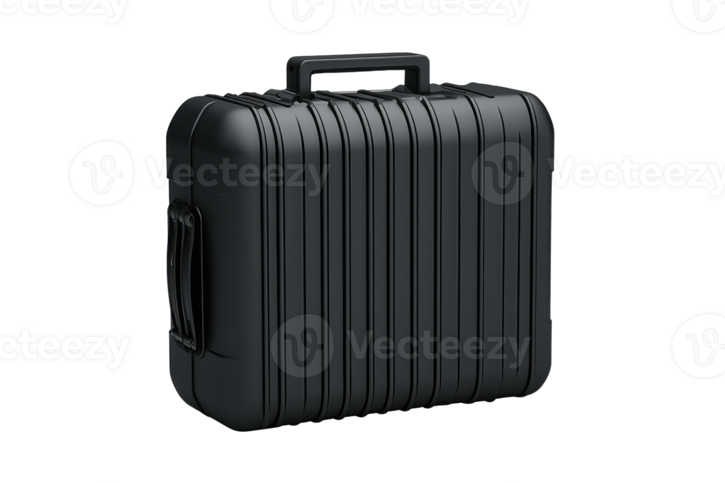 A sleek, black hard-shell case with vertical grooves and a sturdy handle, designed for durability and secure storage. png
