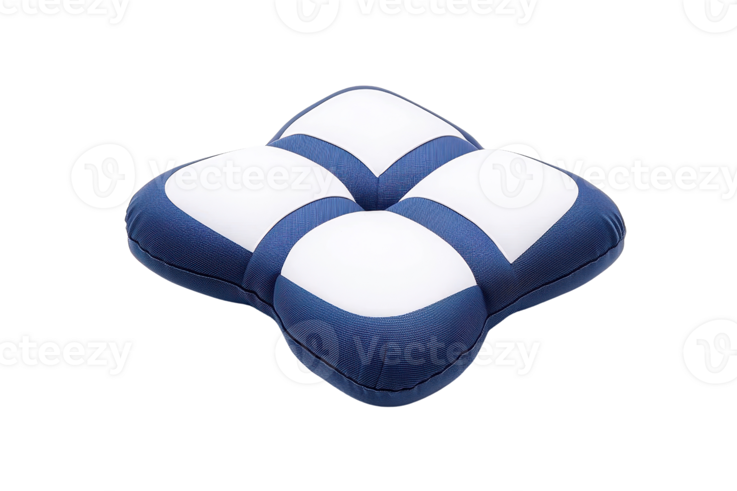 A square-shaped cushion featuring a distinctive blue and white design, characterized by four distinct sections. png