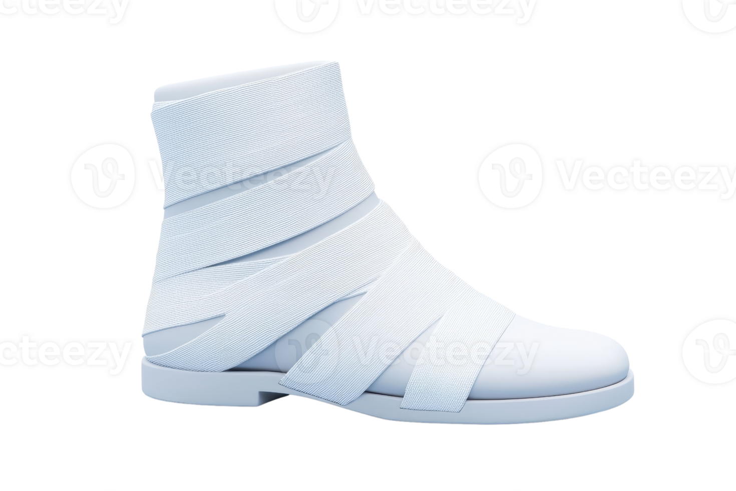 A modern white ankle boot featuring a knitted upper with stylish straps crossing the sides. png