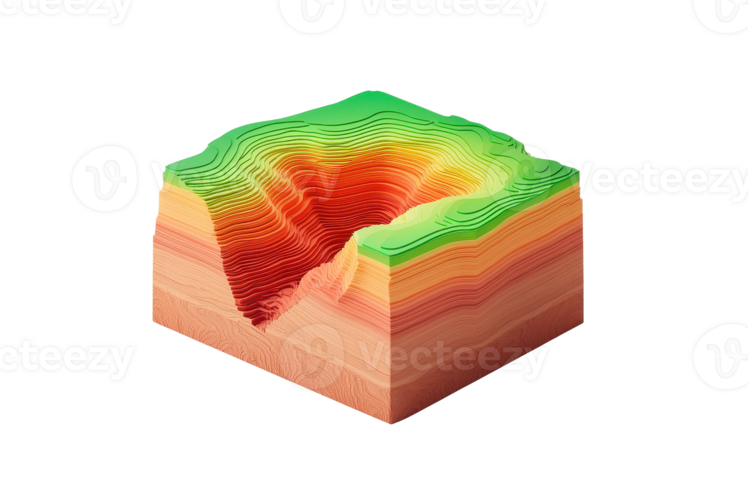 A 3D topographical representation featuring layered colors that depict elevation and valleys. png