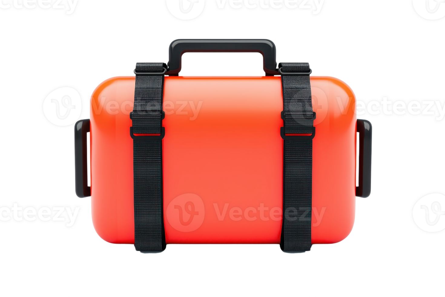 A vibrant orange storage case with a sturdy handle and black straps, designed for durability and secure transportation of items. png