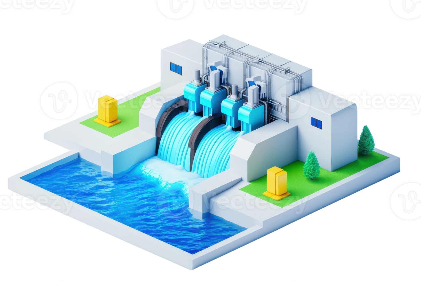 A stylized hydroelectric dam with flowing water, featuring several turbines, a body of water, and surrounding greenery. png