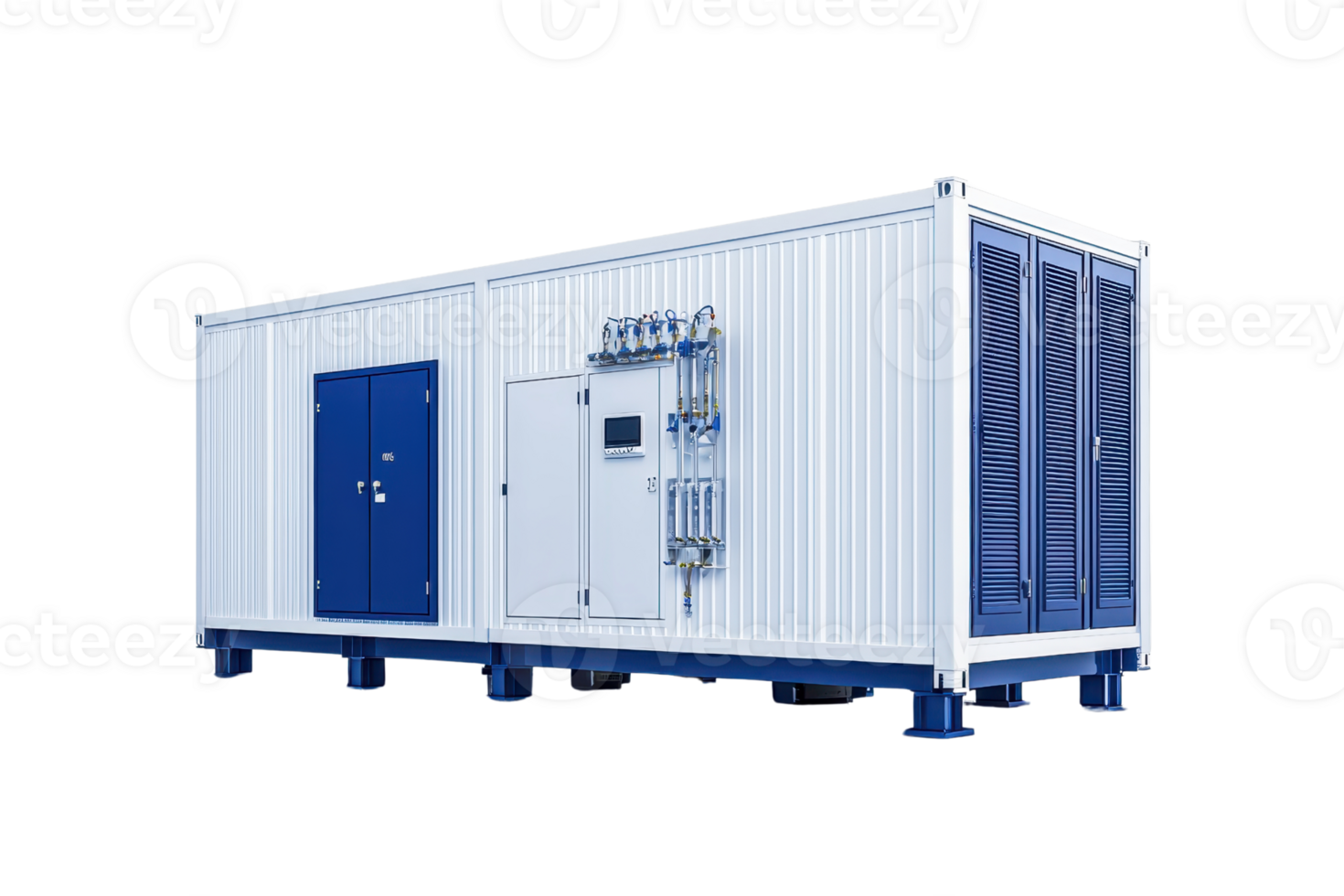 A large industrial container with a blue door and multiple ventilation units, designed for housing equipment or machinery. png