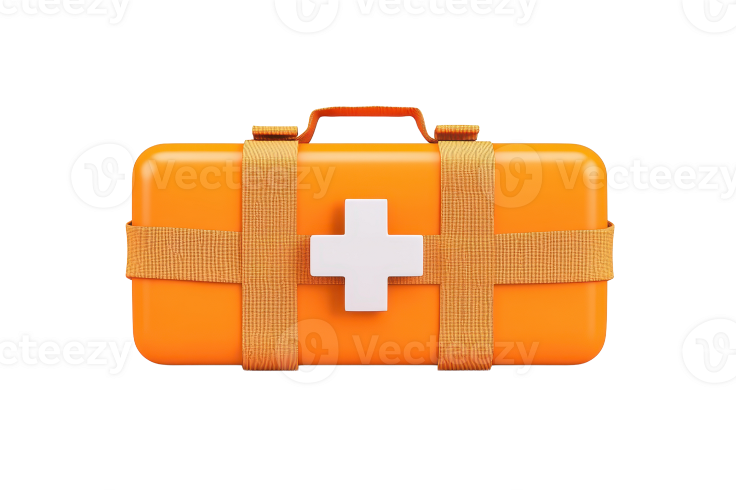 A bright orange first aid kit with a white cross and secure straps, designed for emergency medical situations. png