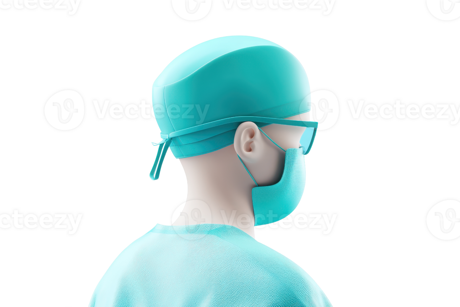 A medical professional in scrubs, wearing a surgical mask and cap, viewed from the back, emphasizing protective attire. png