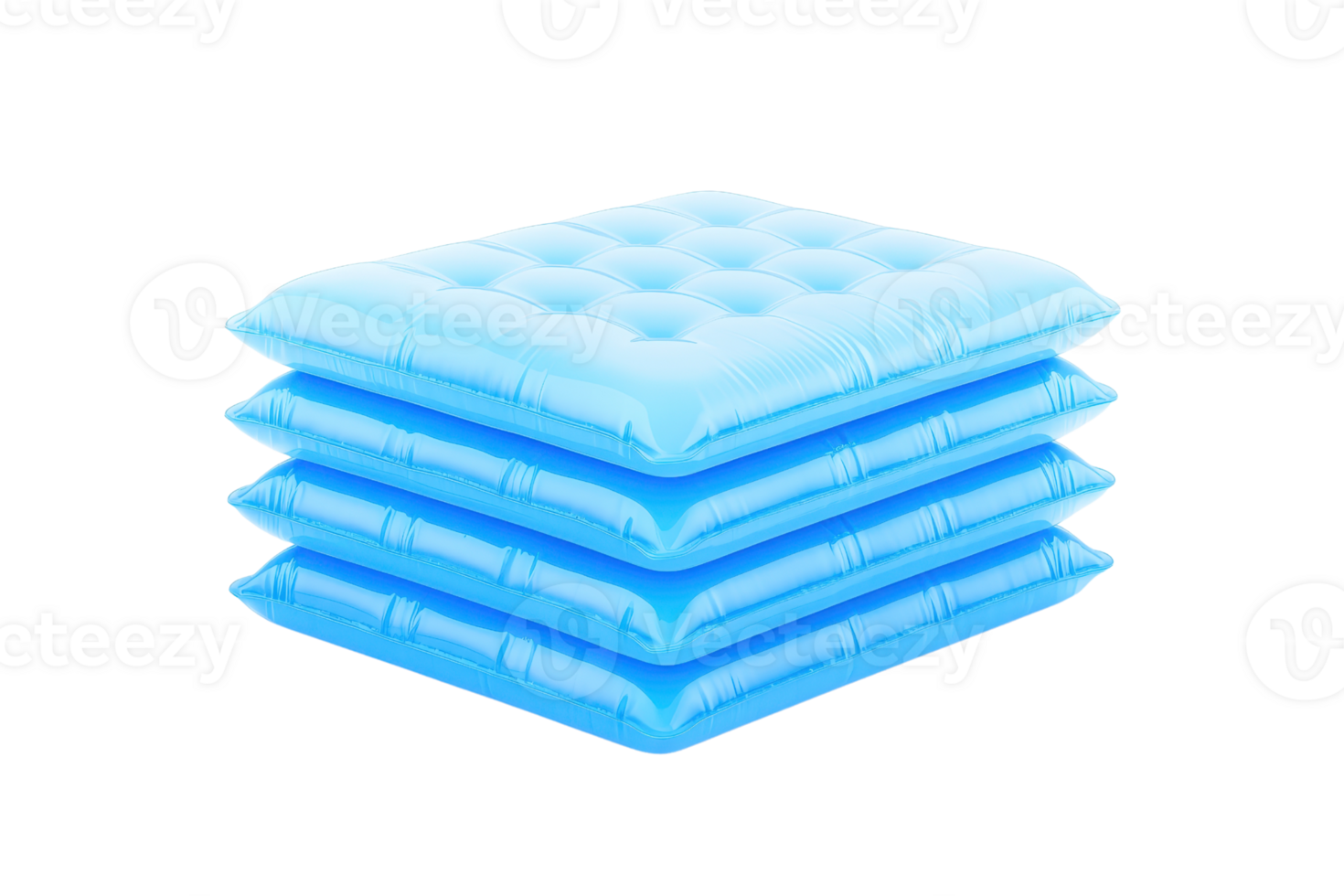 A stack of four blue, padded cushions, featuring a textured surface with small indentations for comfort. png