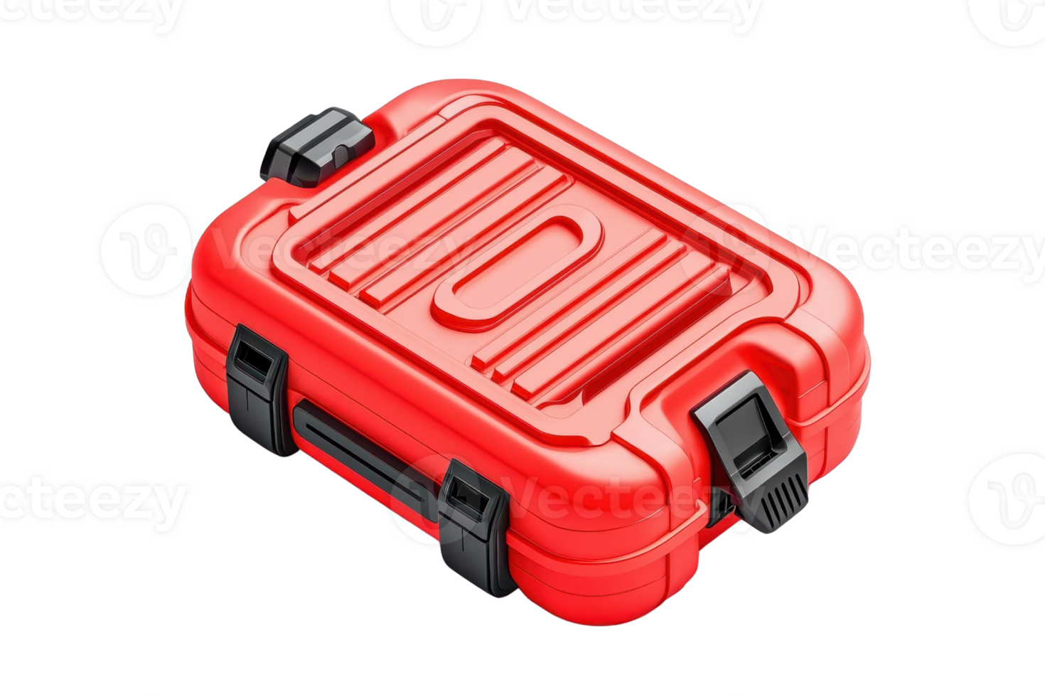 A compact red storage case designed for durability and protection, featuring secure latches and a textured surface. png