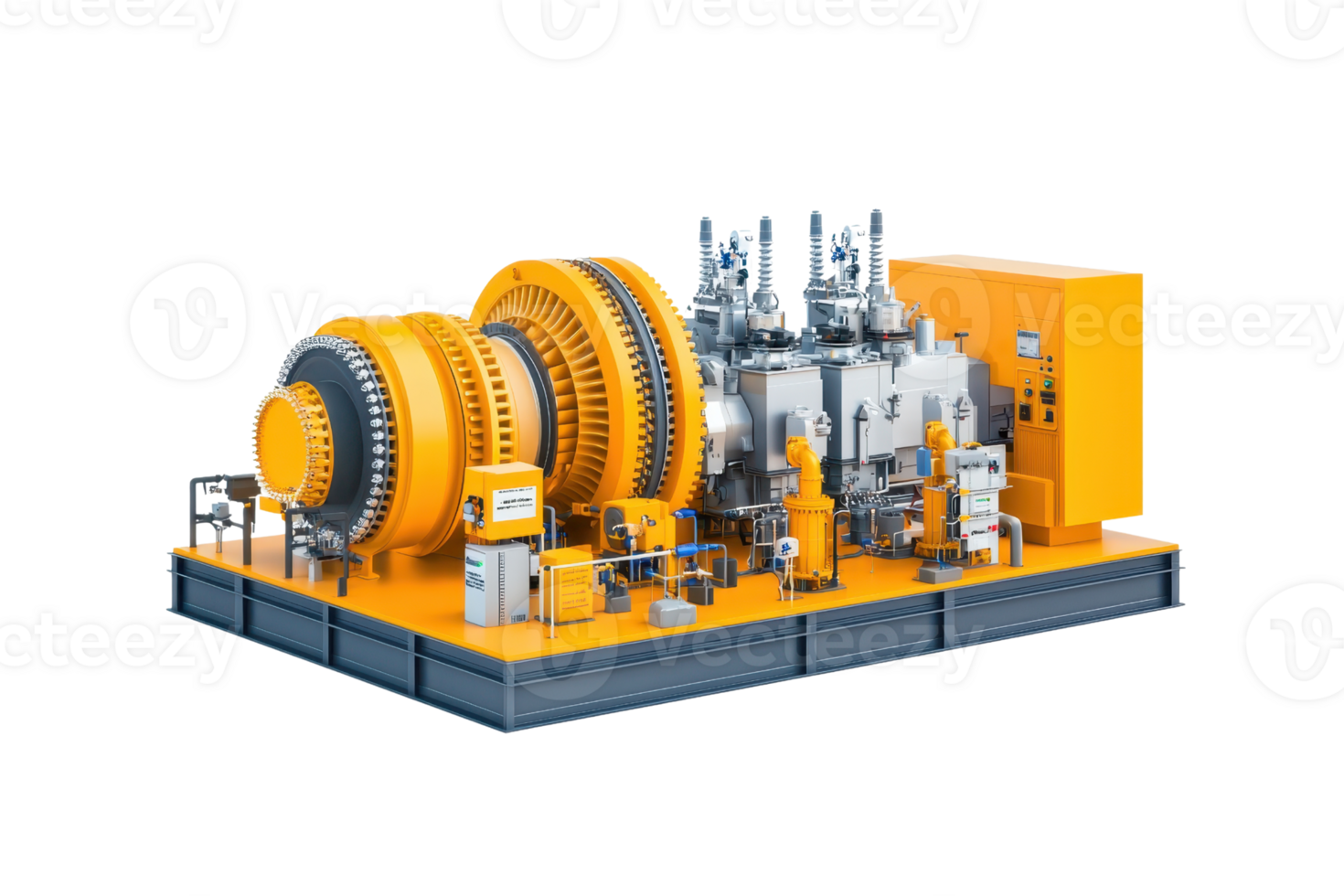 A large, industrial turbine generator with yellow accents, designed for power generation, featuring multiple components and a robust platform. png