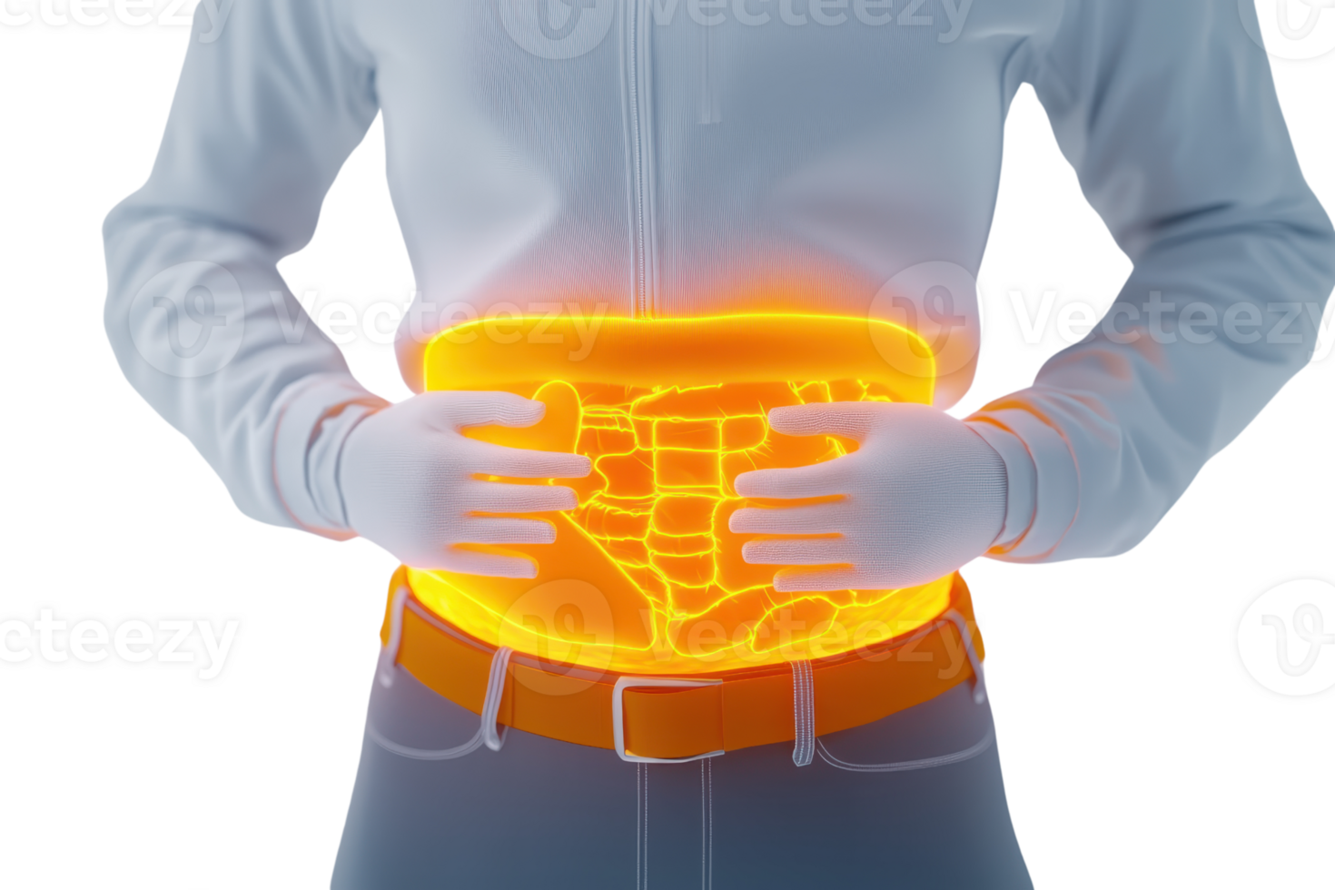 A person with illuminated abdominal organs, hands placed on the stomach, showcasing the internal structure. png