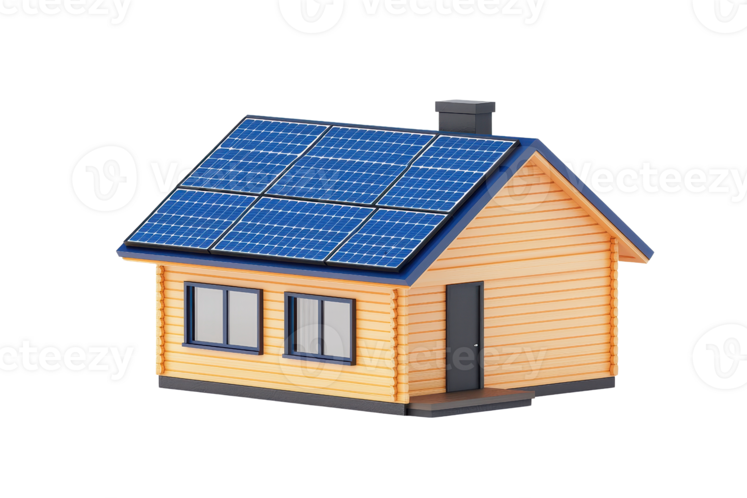 A small wooden house with solar panels on the roof and a chimney. png