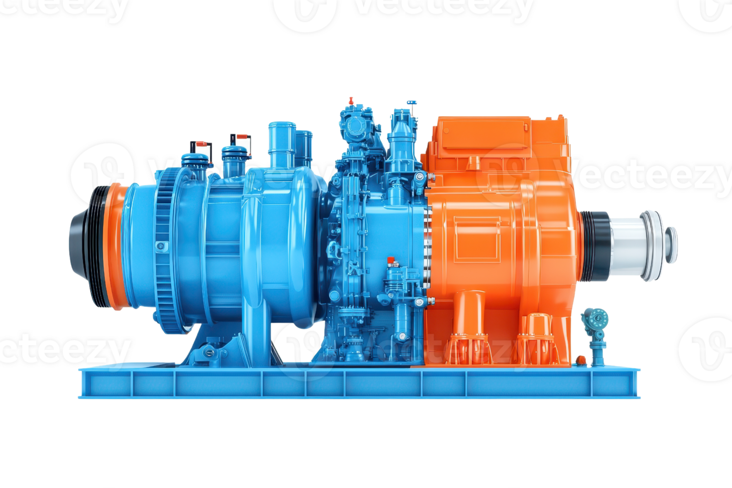 A vibrant, detailed industrial pump showcasing blue and orange components, designed for high-performance fluid dynamics. png