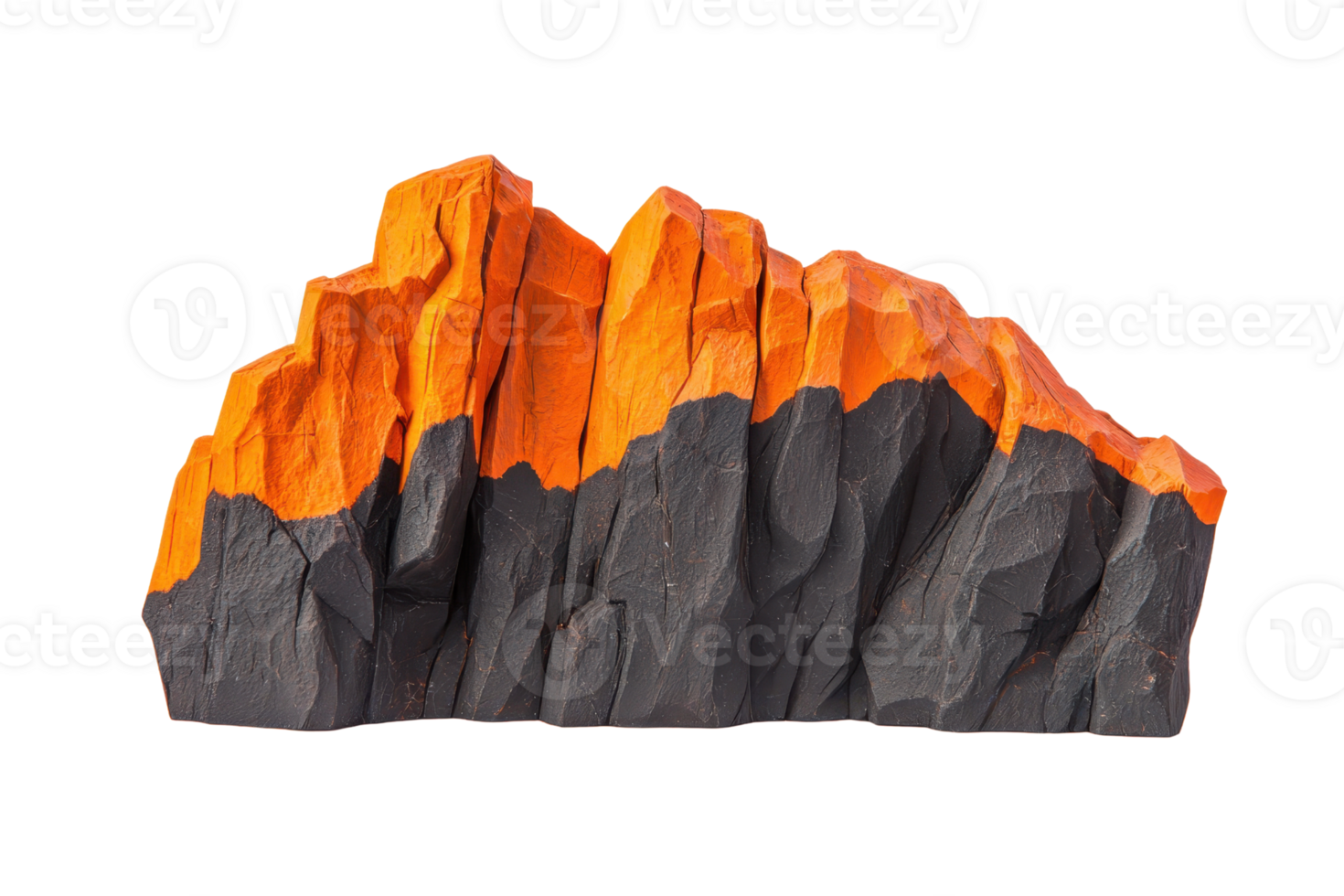 A rugged rock formation with vibrant orange and dark gray colors, emphasizing texture and dramatic peaks. png