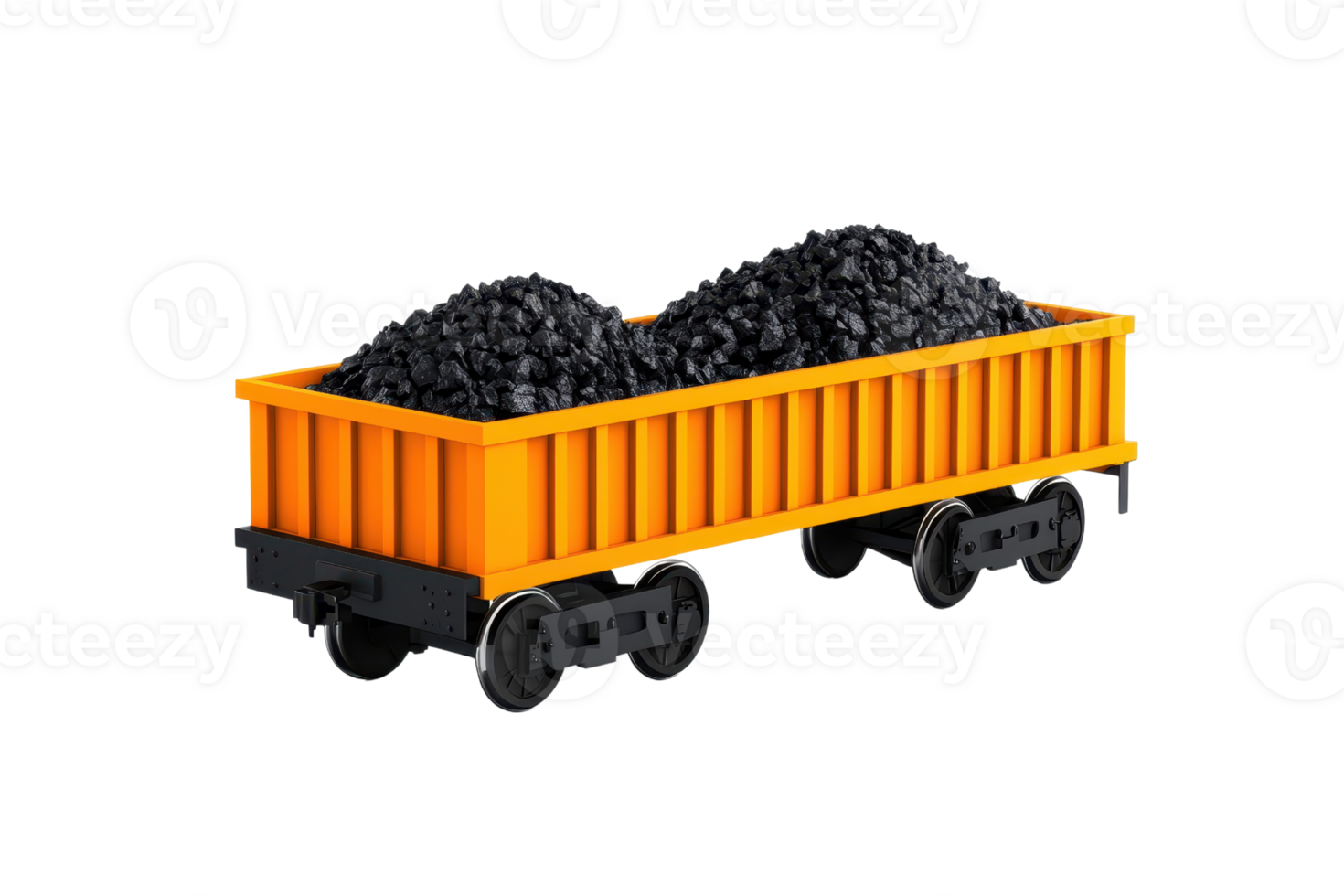 A bright orange coal wagon filled with black coal, showcasing its capacity and industrial design. png