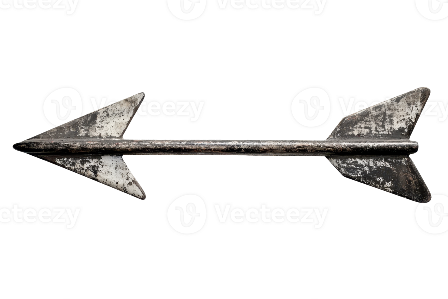 A weathered metallic arrow with dual pointed ends, showcasing a rustic texture and distinct design. png