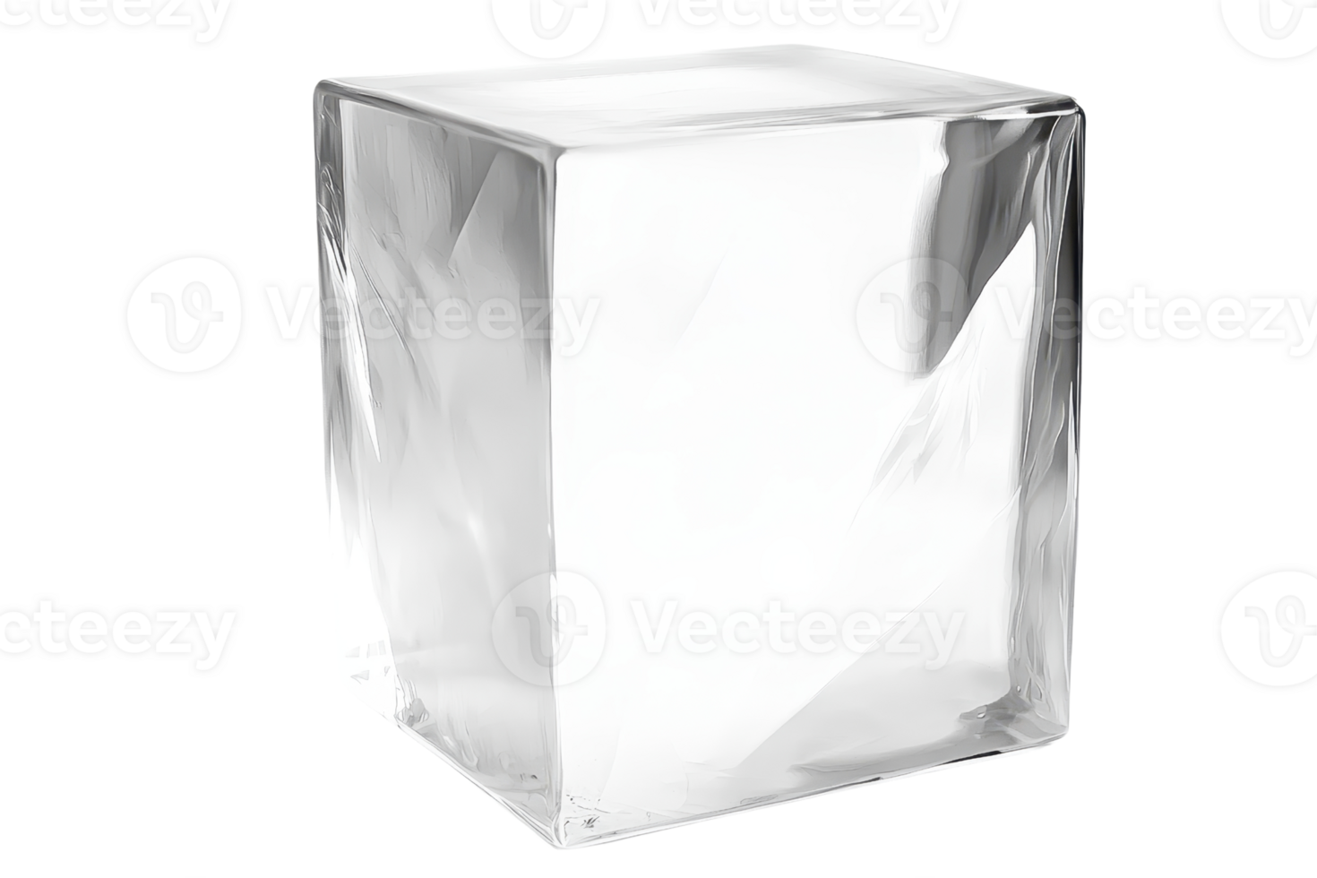 A clear ice cube with sharp edges and smooth surfaces, reflecting light and displaying crystalline textures. png