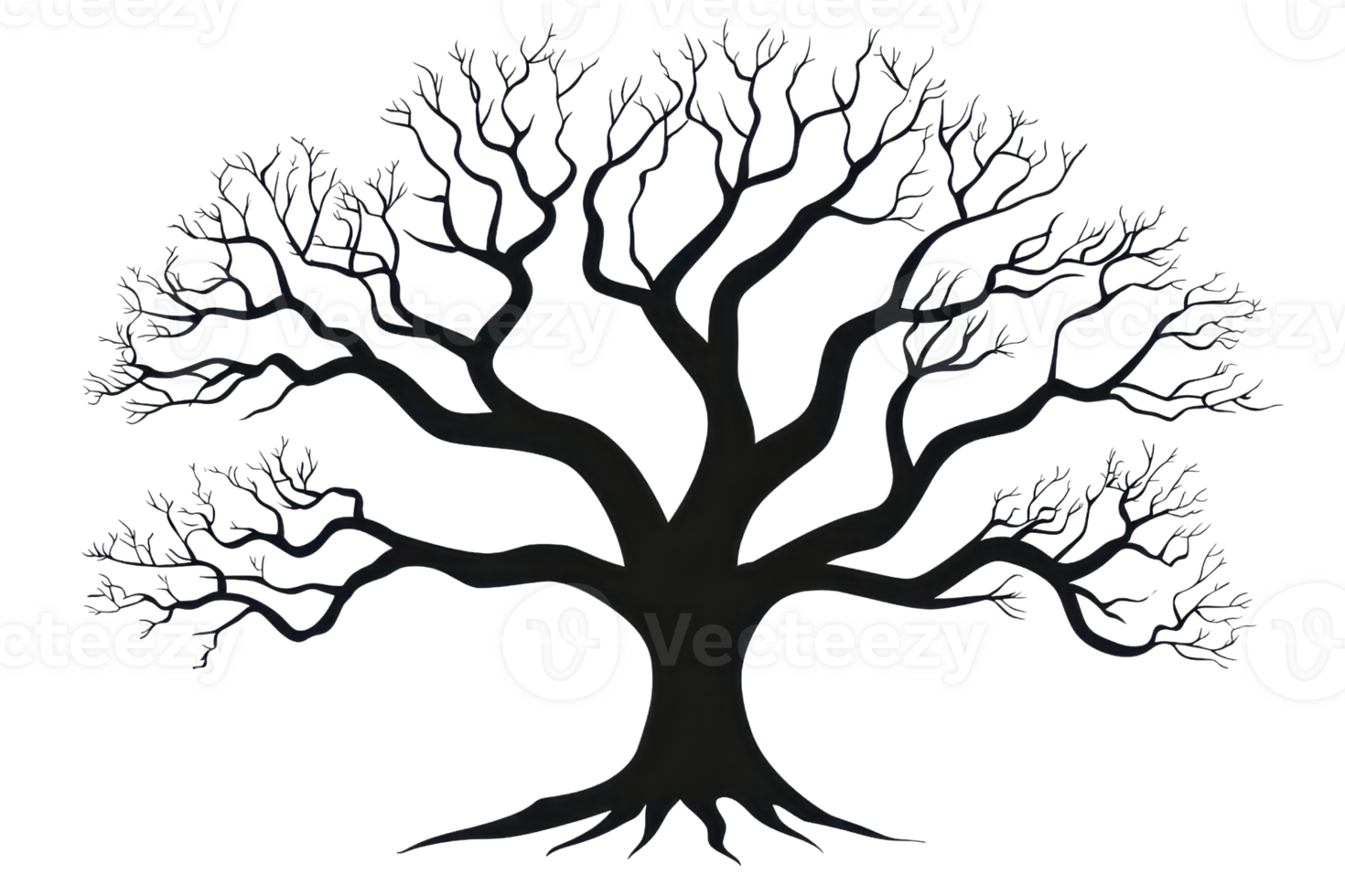 A stylized black silhouette of a tree with intricate branching patterns and a sturdy base. png