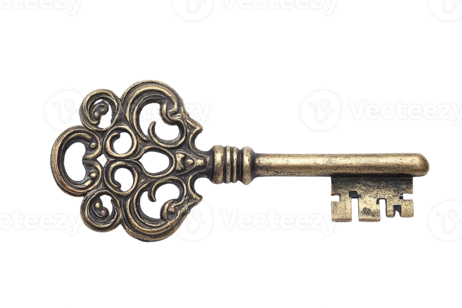 A vintage key with intricate designs and a classic shape, showcasing ornate details and a robust structure. png