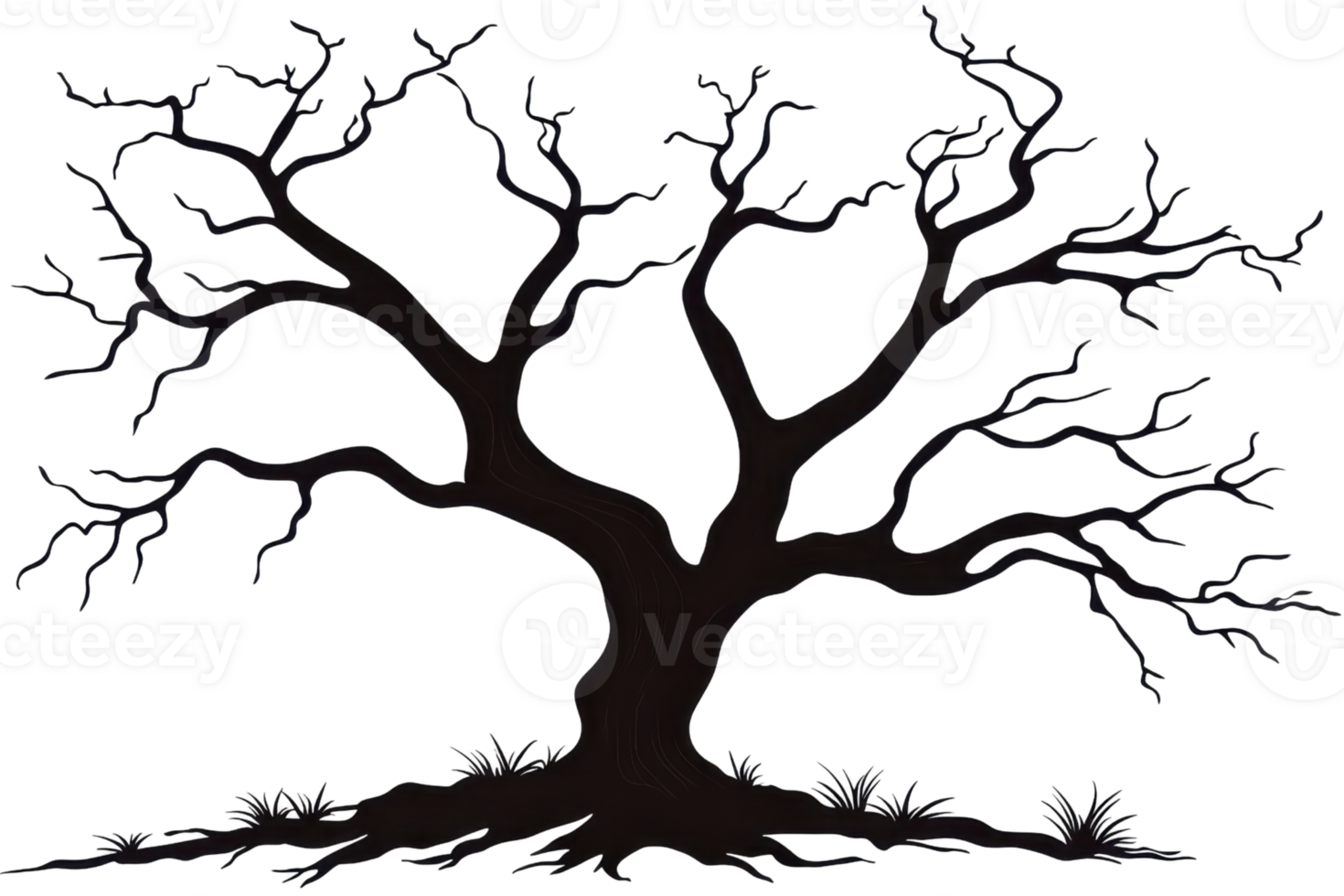 A gnarled tree with extensive, bare branches extending outward, showcasing its intricate structure and unique form. png