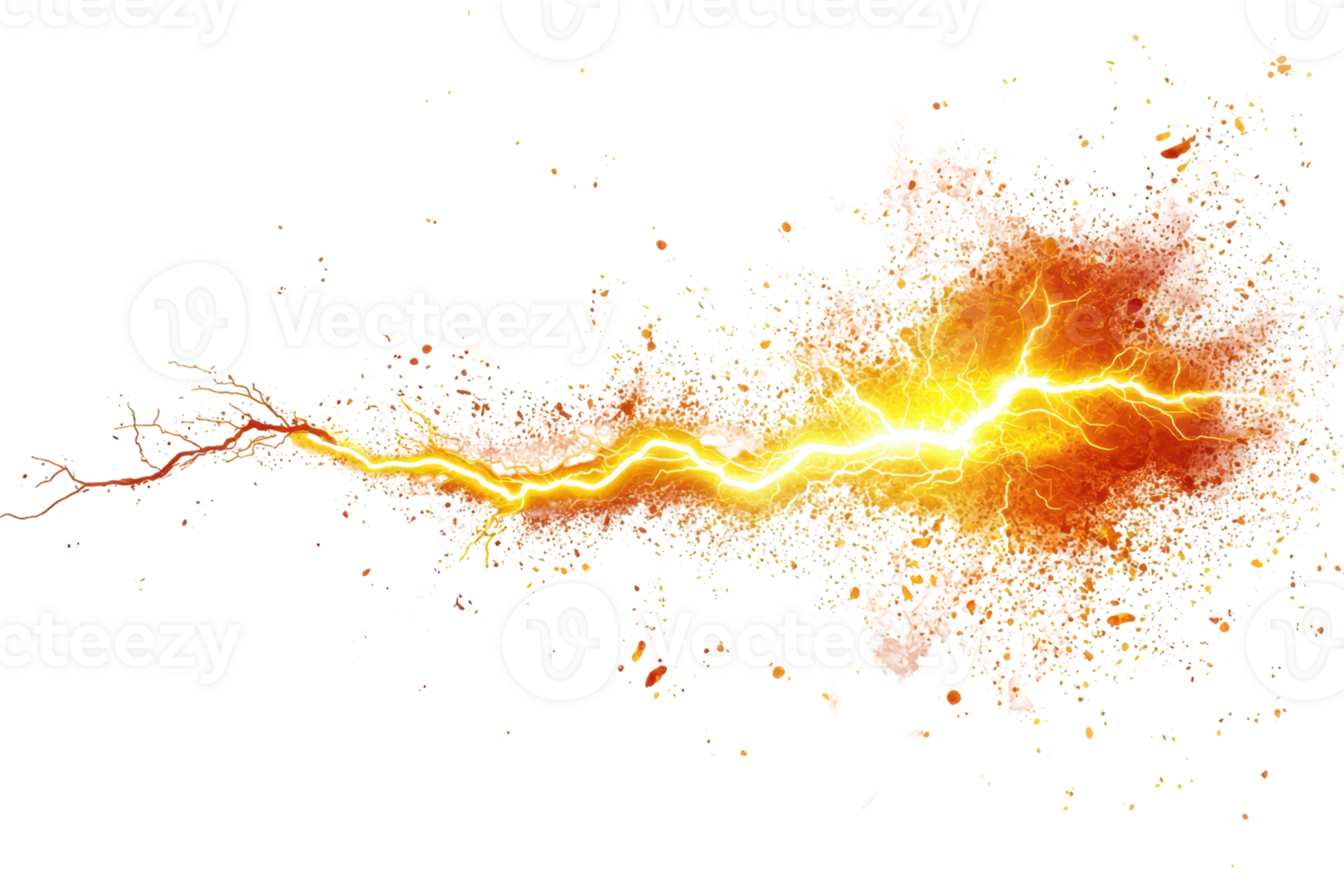 A vibrant bolt of lightning crackles with energy, radiating hues of yellow and orange, surrounded by a burst of sparks. png
