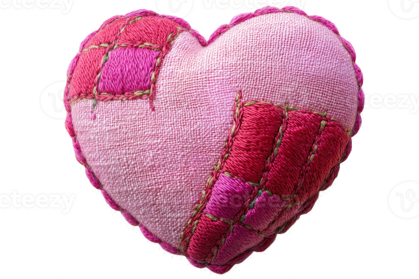 A plush heart-shaped decoration in shades of pink and red, featuring a patchwork design with embroidery details. png