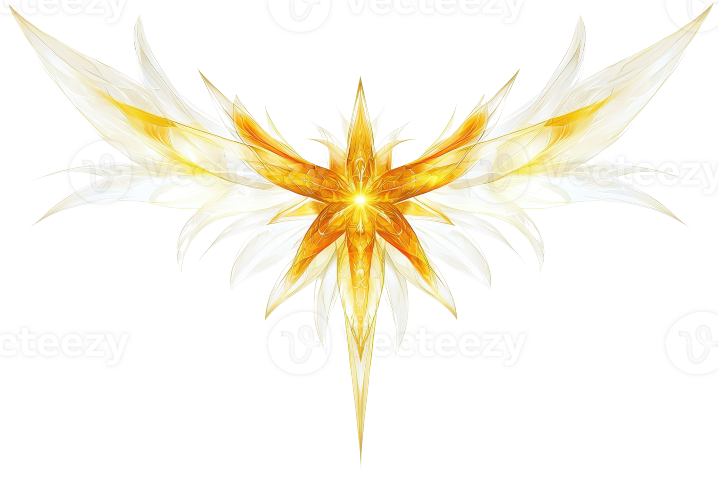 A radiant, stylized emblem featuring sharp, feather-like wings and a central starburst, exuding a sense of light and energy. png