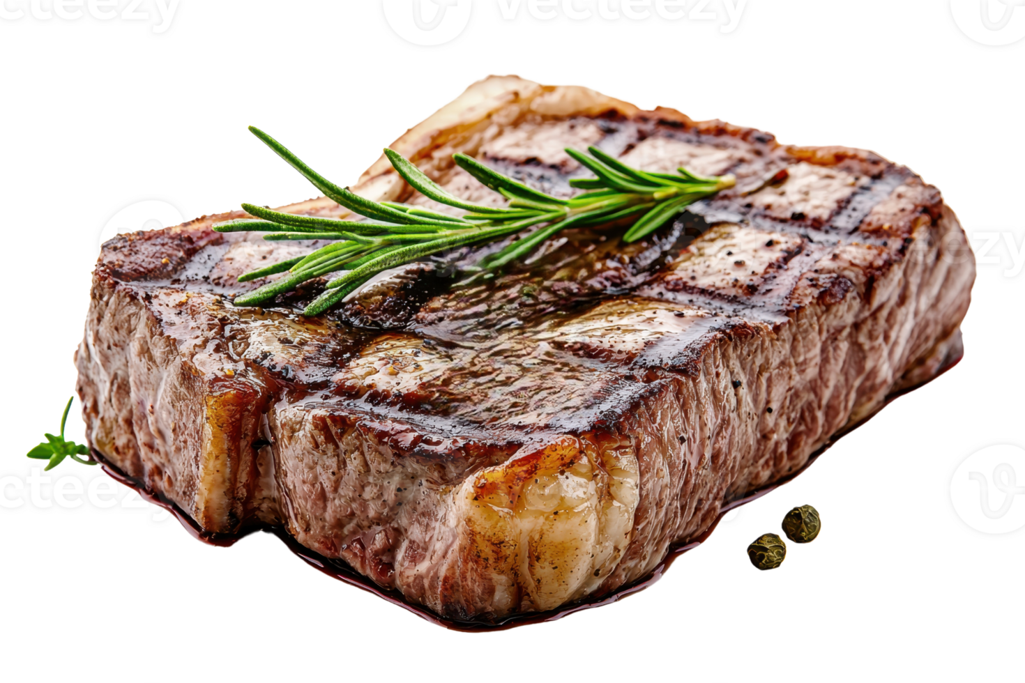 A grilled steak garnished with rosemary, showcasing its juicy texture and appealing grill marks. png