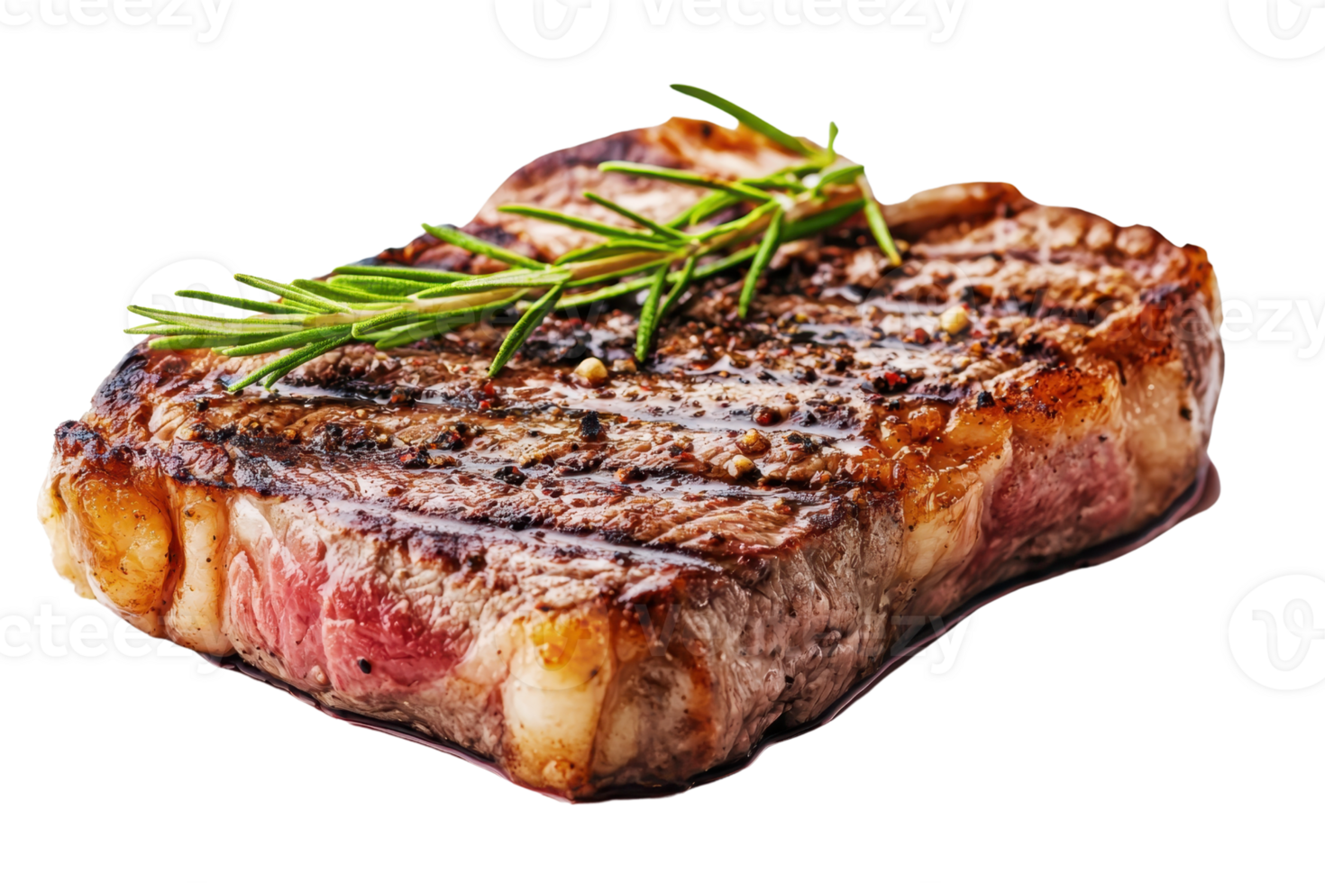A beautifully grilled steak garnished with fresh rosemary, showcasing its juicy texture and appetizing char marks. png