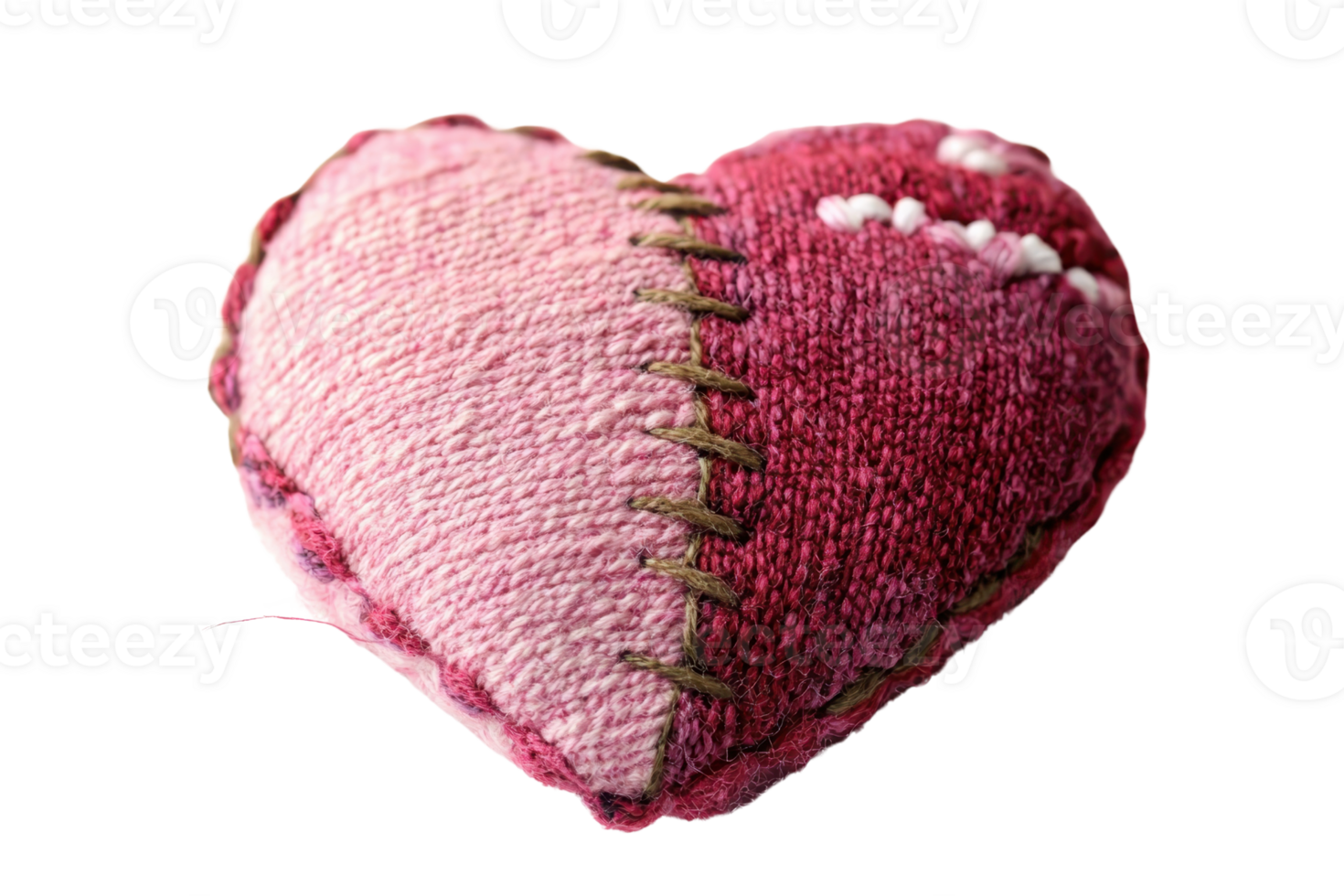 A handcrafted, stitched heart-shaped decoration made from fabric in shades of pink and red. png