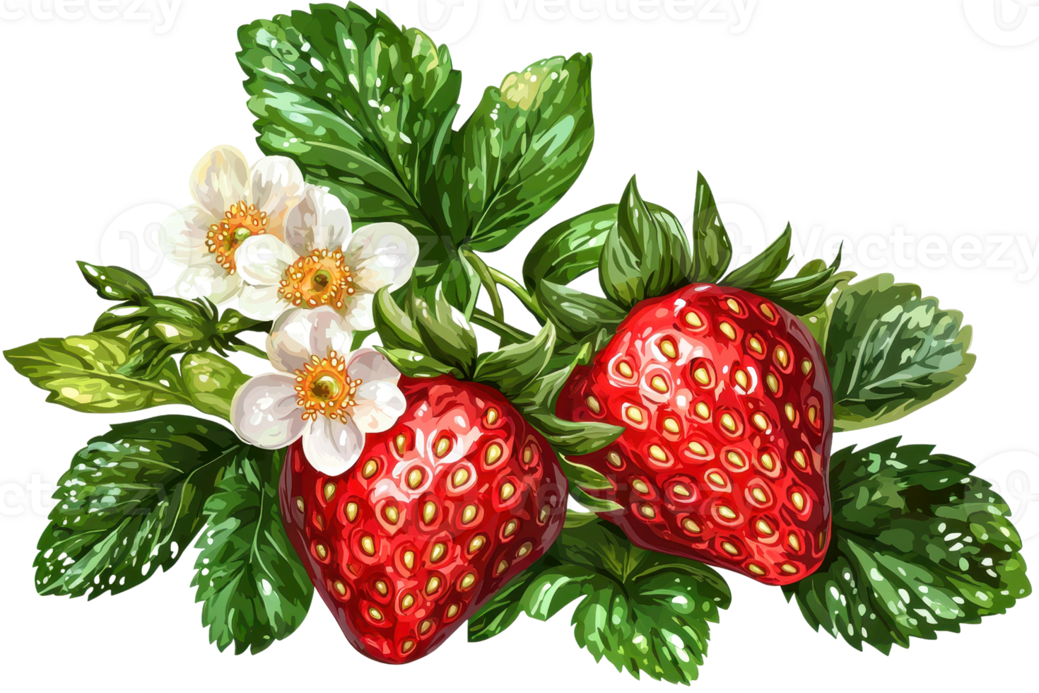 Two ripe strawberries with green leaves and white flowers, showcasing vibrant red colors and a fresh appearance. png