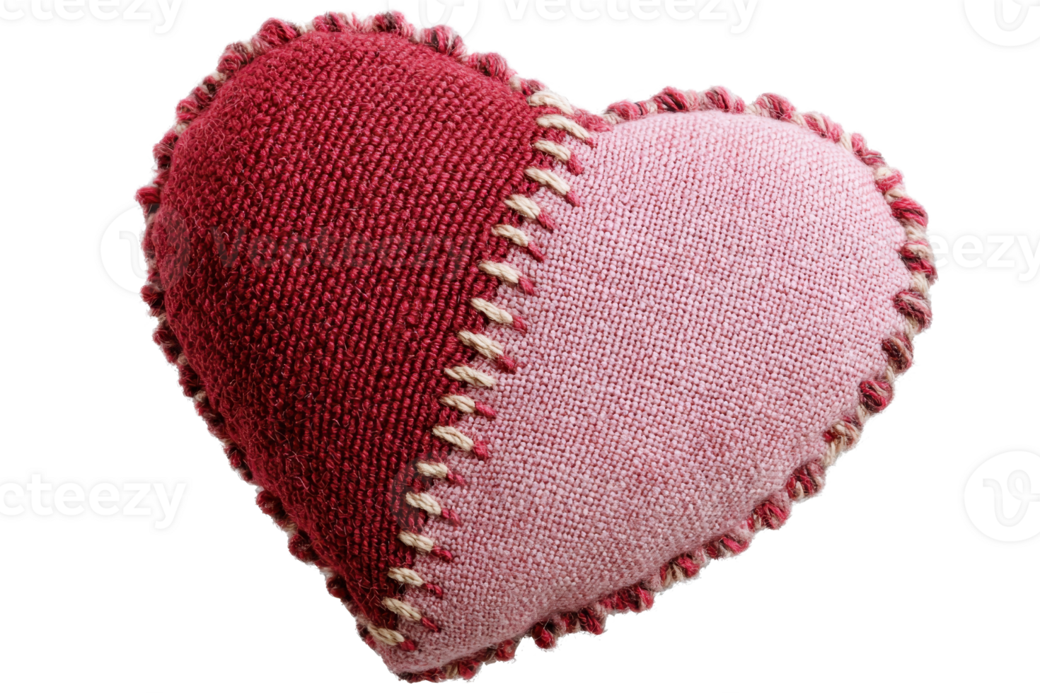 A plush heart-shaped decoration featuring two distinct colors, stitched together with contrasting thread. png