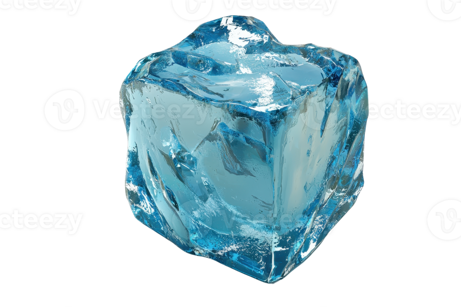 A clear, blue ice cube with sharp edges and a glossy surface, reflecting light. png
