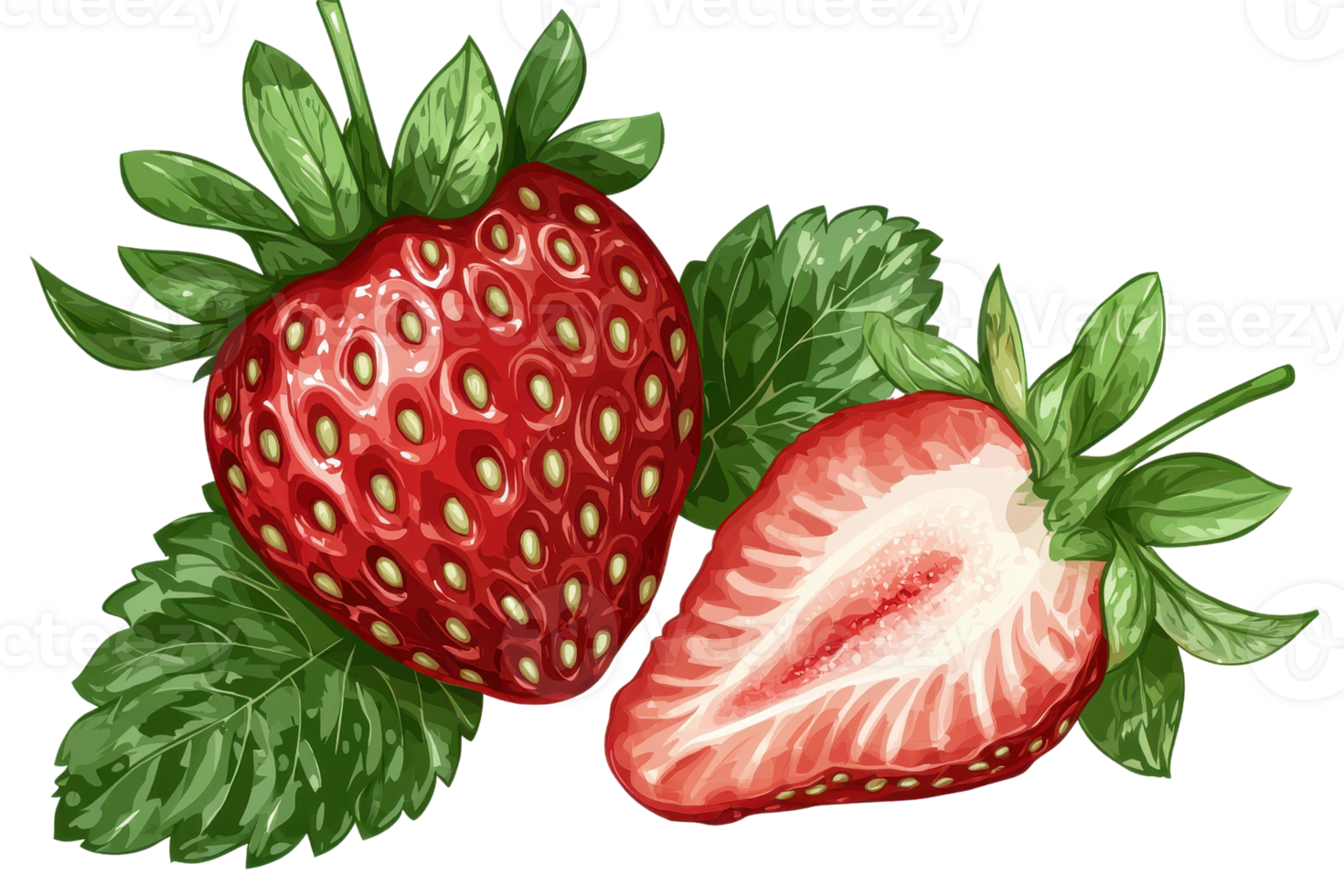 A vibrant red strawberry with green leaves, accompanied by a sliced half revealing its juicy interior. png