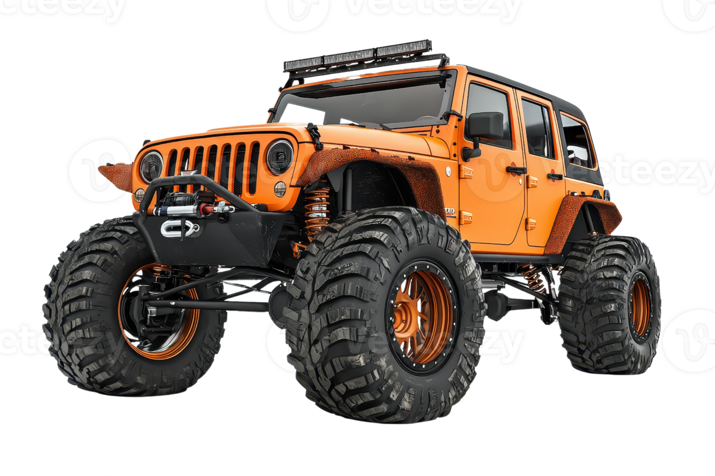A rugged orange off-road vehicle with oversized tires, equipped for extreme terrains and showcasing a bold, powerful design. png