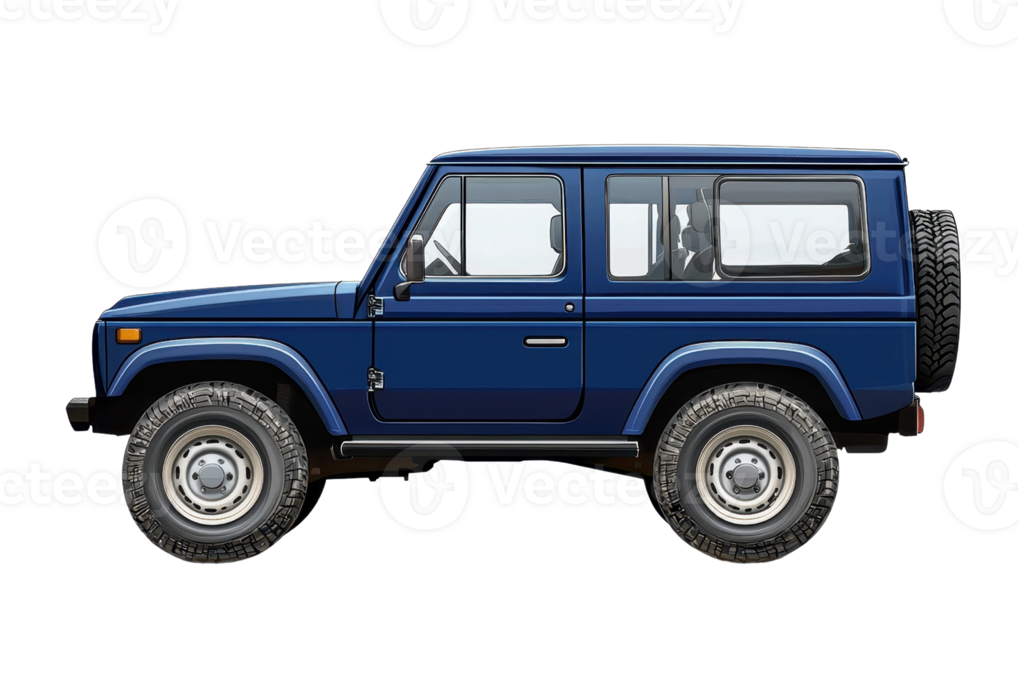 A vintage blue SUV with rugged tires, designed for off-road adventures, showcasing a boxy shape and classic styling. png