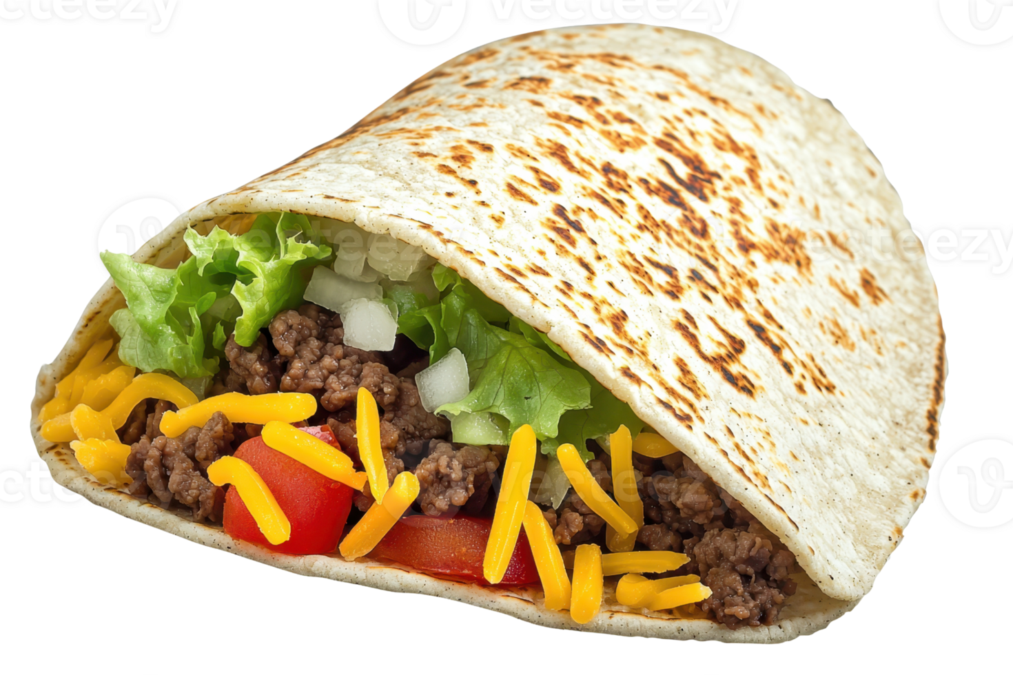 A delicious taco filled with seasoned beef, lettuce, tomatoes, cheese, and onions wrapped in a warm tortilla. png