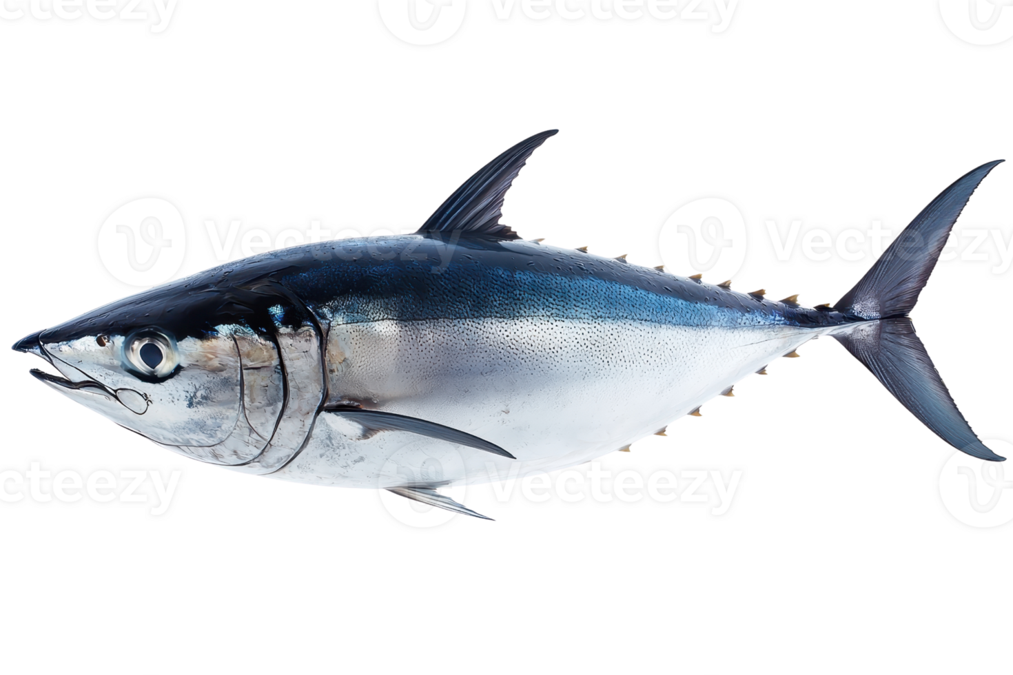 A sleek, streamlined tuna fish showcasing its metallic blue and silver coloration with a distinctively pointed snout and forked tail. png