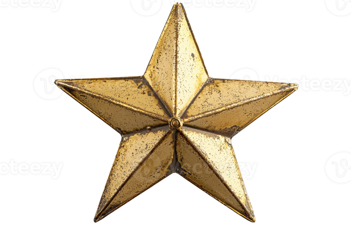 A five-pointed golden star featuring an embossed design, showcasing a vintage aesthetic and a slightly weathered appearance. png