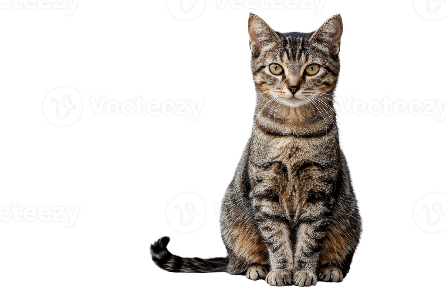 A tabby cat sits upright, showcasing its distinct stripes and alert expression. png