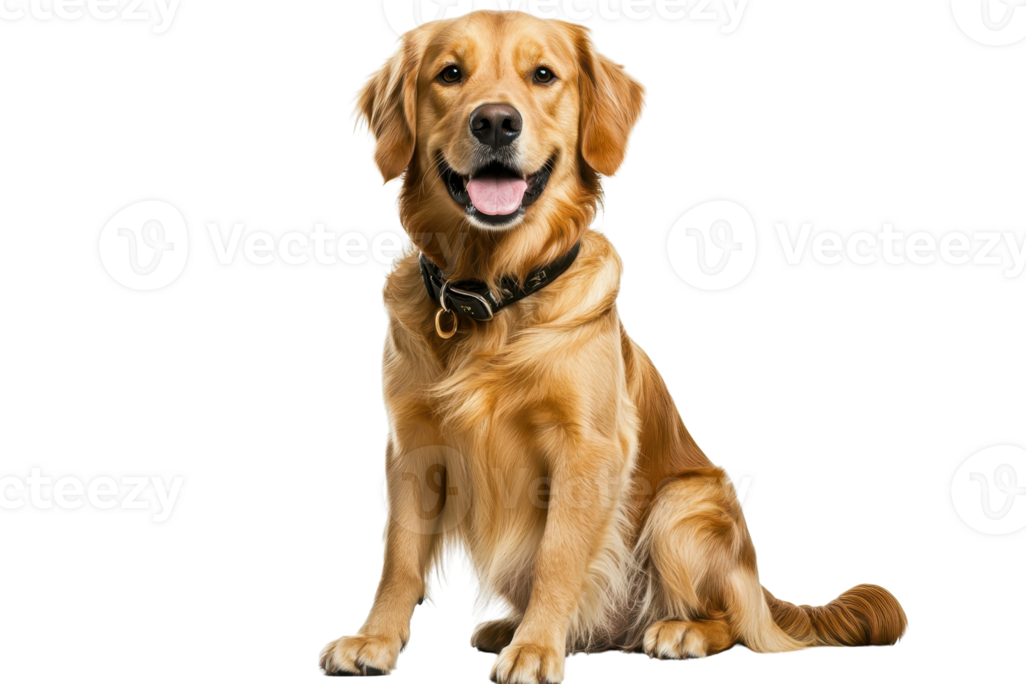 A smiling golden retriever sits proudly, showcasing its shiny coat and friendly demeanor. png