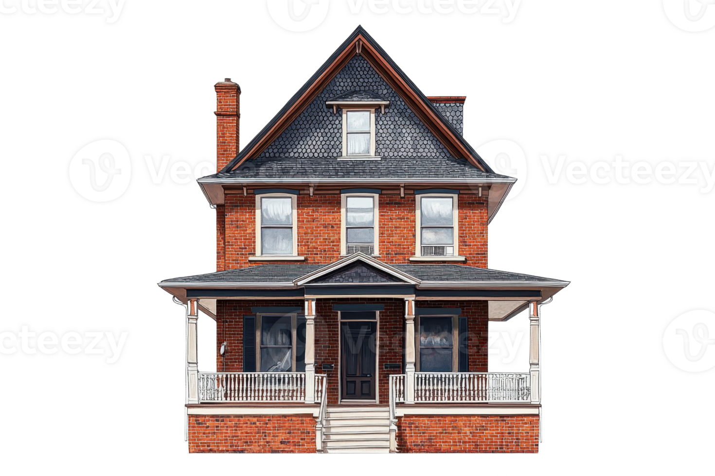 A classic two-story brick house with a steep roof, front porch, and decorative details, showcasing traditional architectural design. png