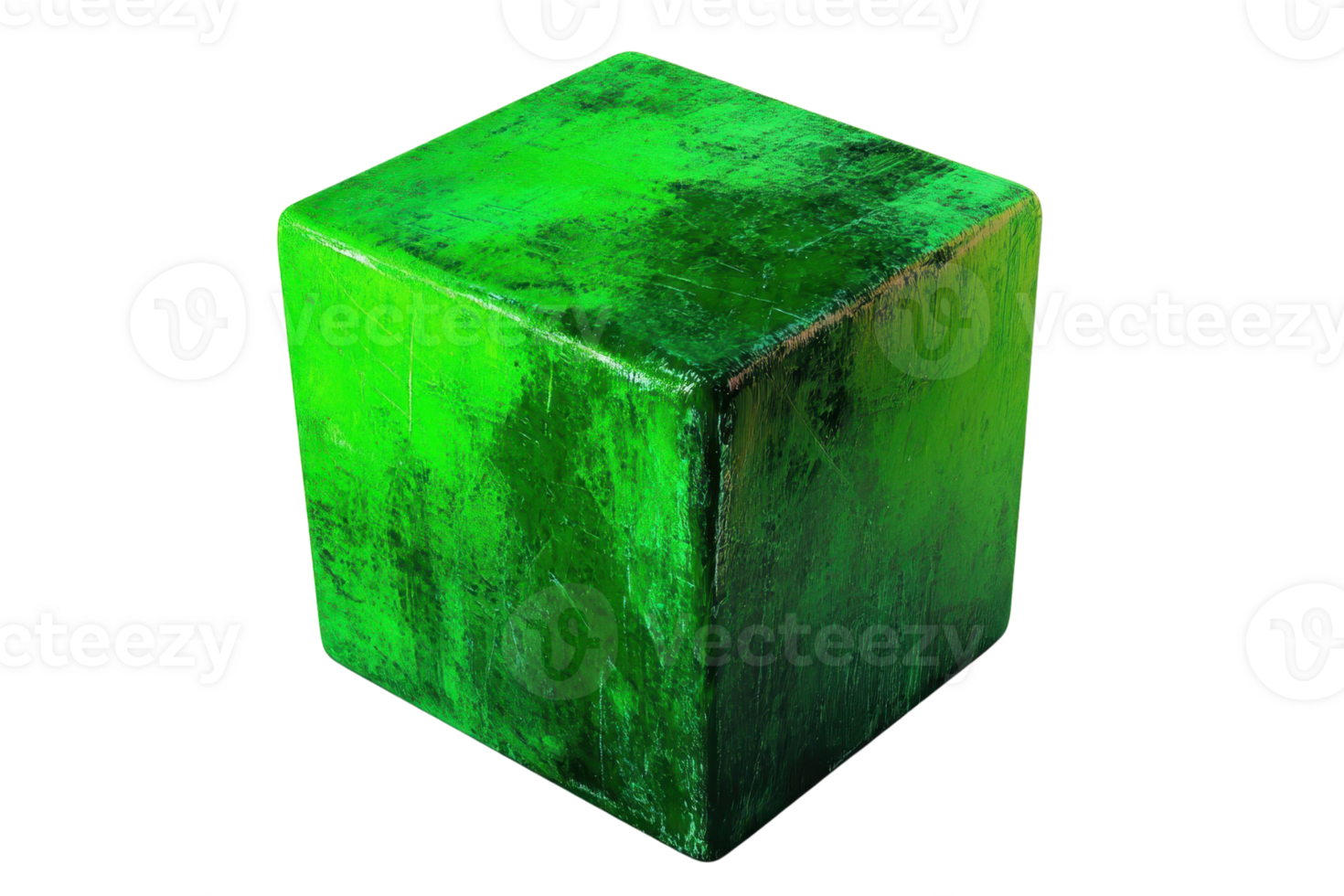 A green, textured cube with a slightly distressed surface, showcasing vibrant colors and a geometric shape. png