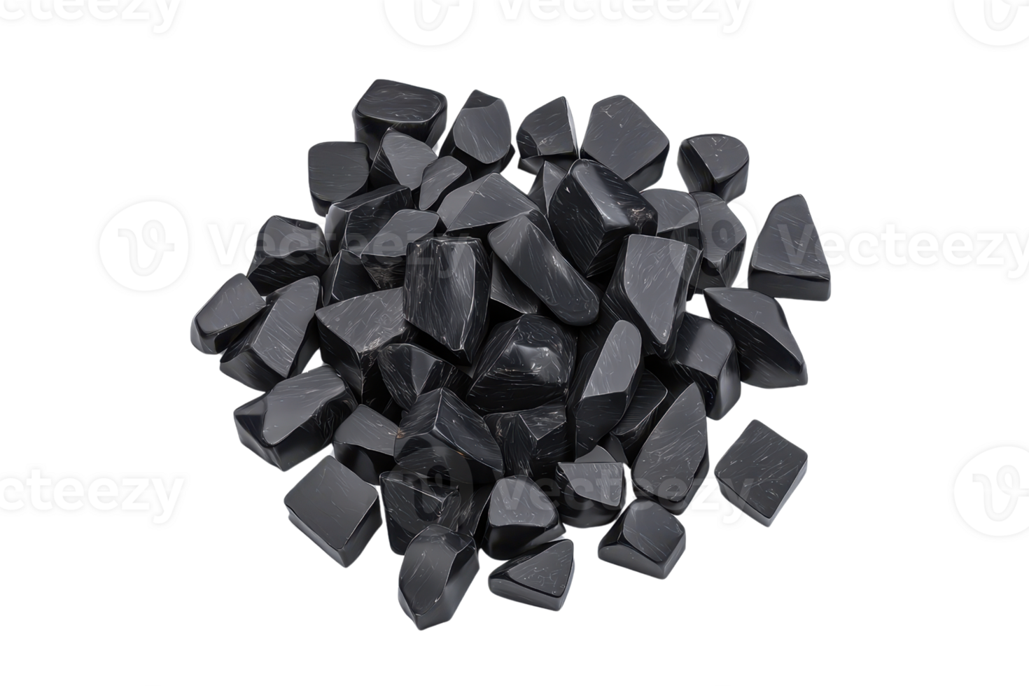 A cluster of irregularly shaped black stones with a glossy surface and sharp edges, showcasing their unique textures and forms. png