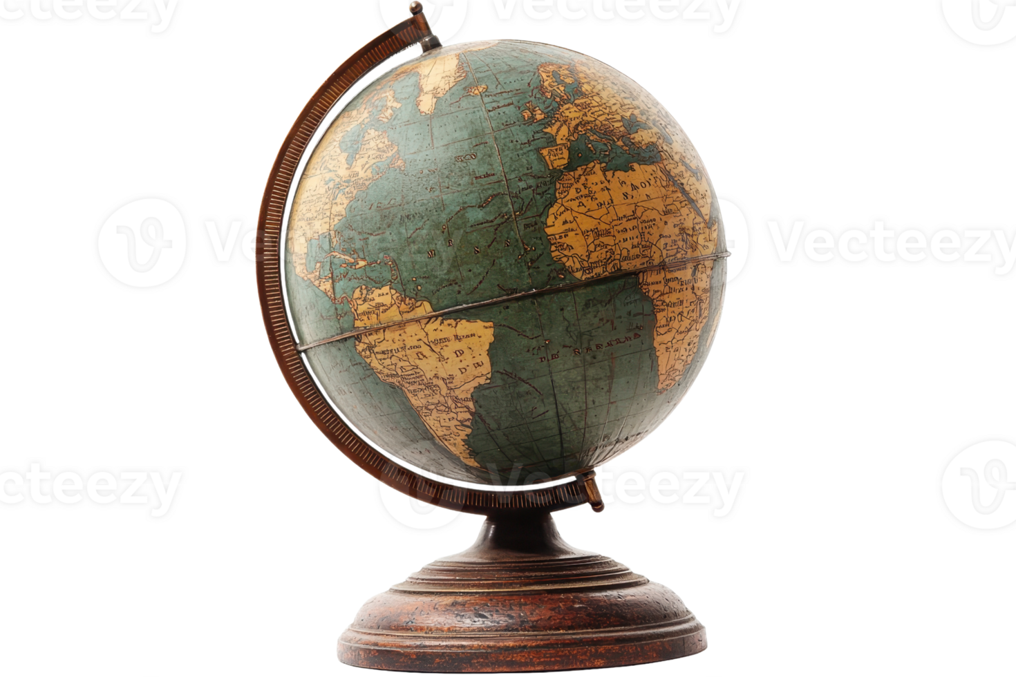 A vintage globe featuring detailed landmasses and oceans, representing Earth with a classic wooden base and a metal meridian. png