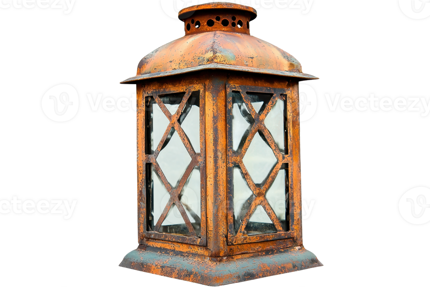 A vintage lantern with a rusted metal frame, featuring glass panes and a decorative top. png