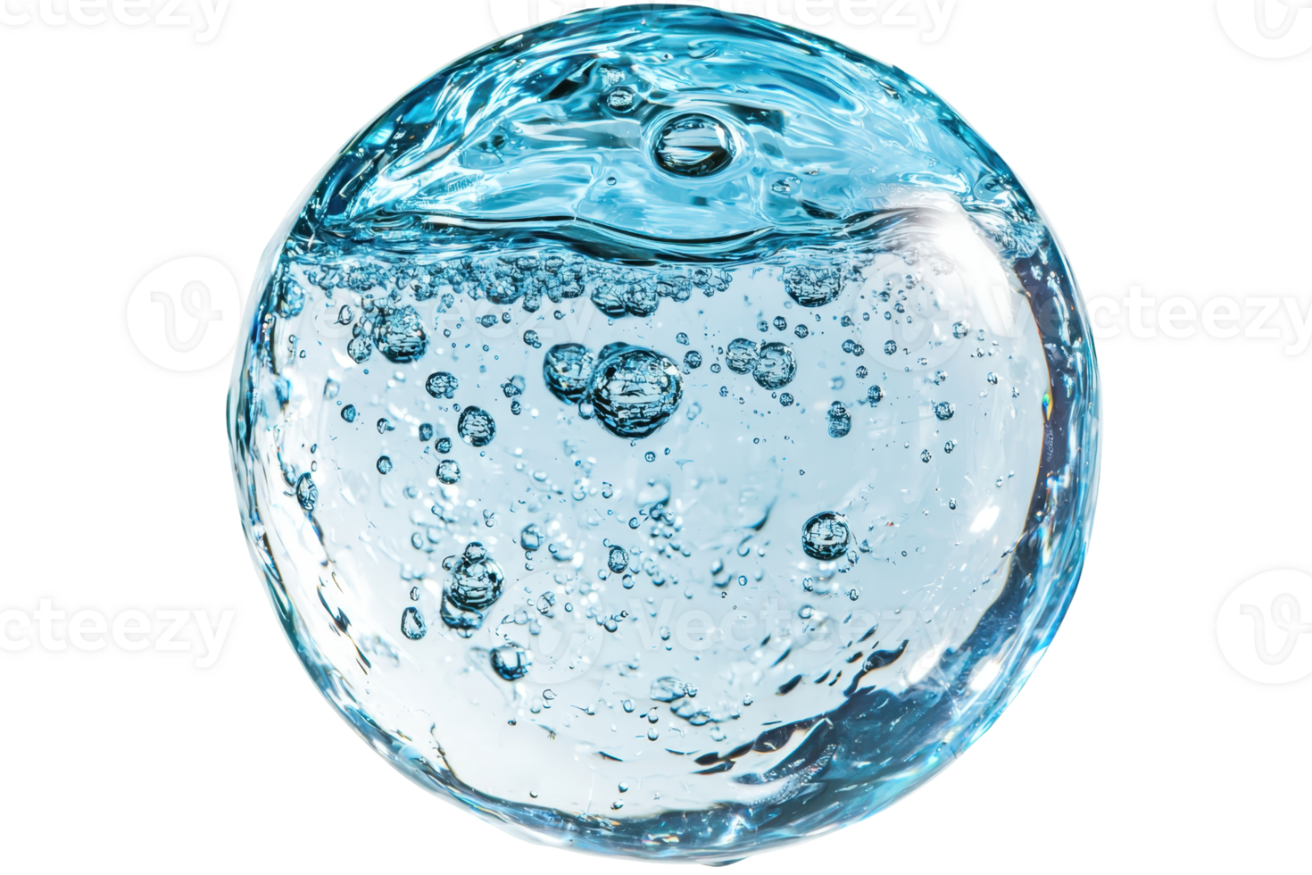 A spherical bubble of clear water filled with small bubbles, showcasing its reflective surface and fluid dynamics. png