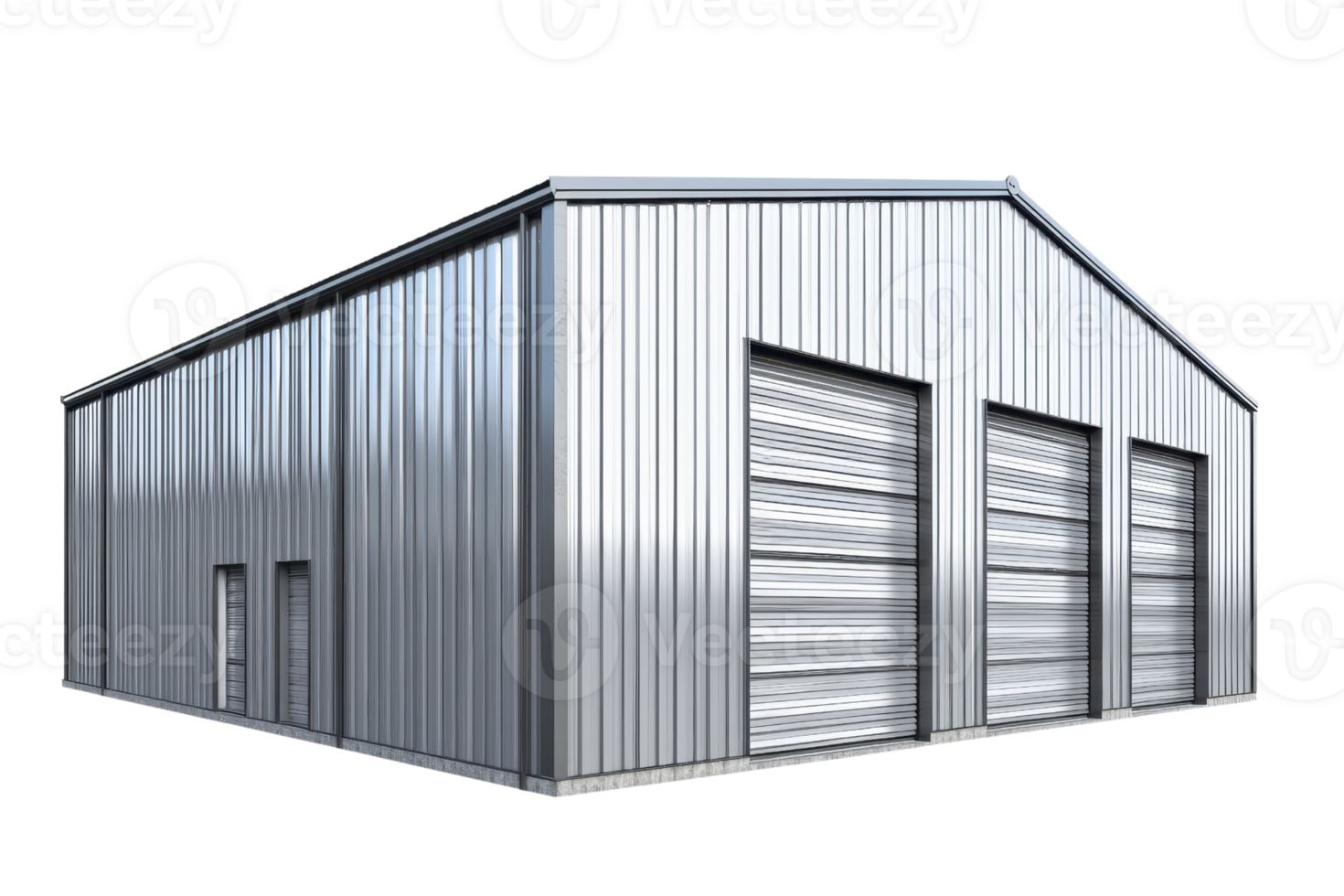 A metal storage building with large roll-up doors, designed for durability and functionality, featuring a modern industrial aesthetic. png