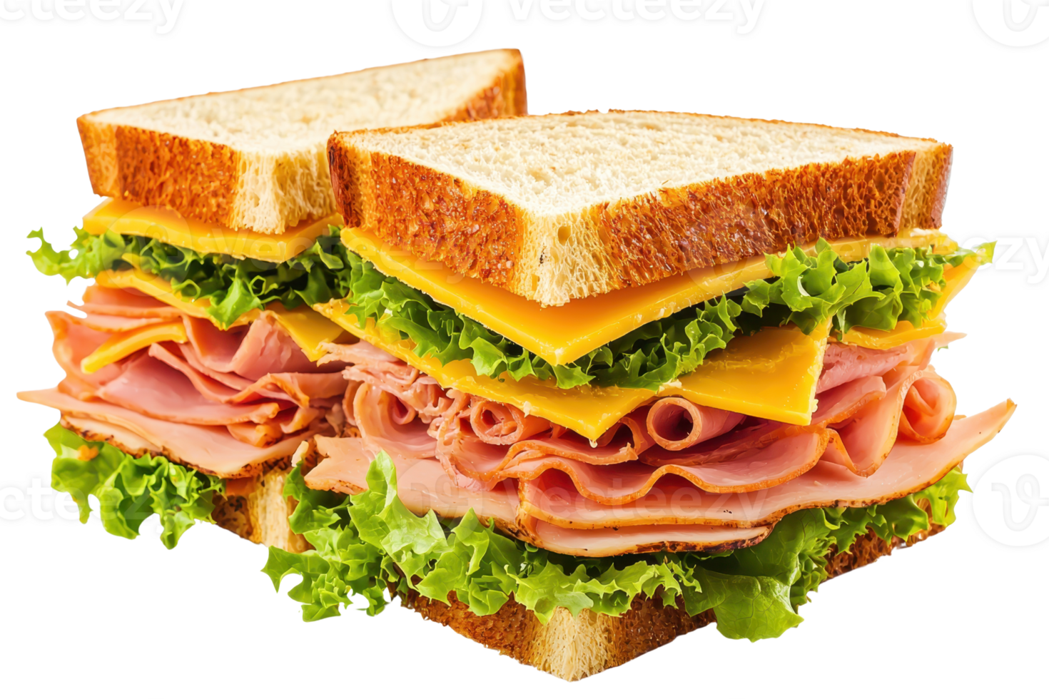 A stacked sandwich featuring layers of ham, cheddar, and lettuce between slices of toasted bread. png