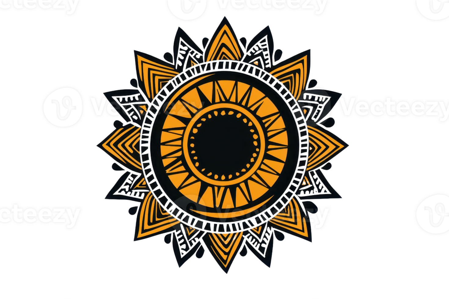 A circular design featuring intricate patterns and shapes in vibrant orange and black, resembling a sun or mandala motif. png