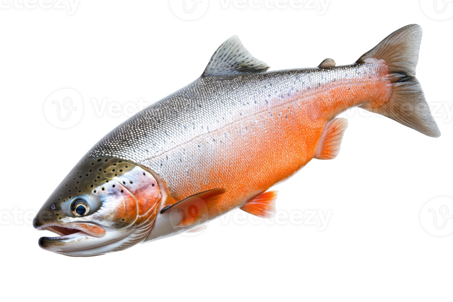 A vibrant fish with a sleek body, featuring shades of silver, orange, and black, showcasing its distinct features and textures. png