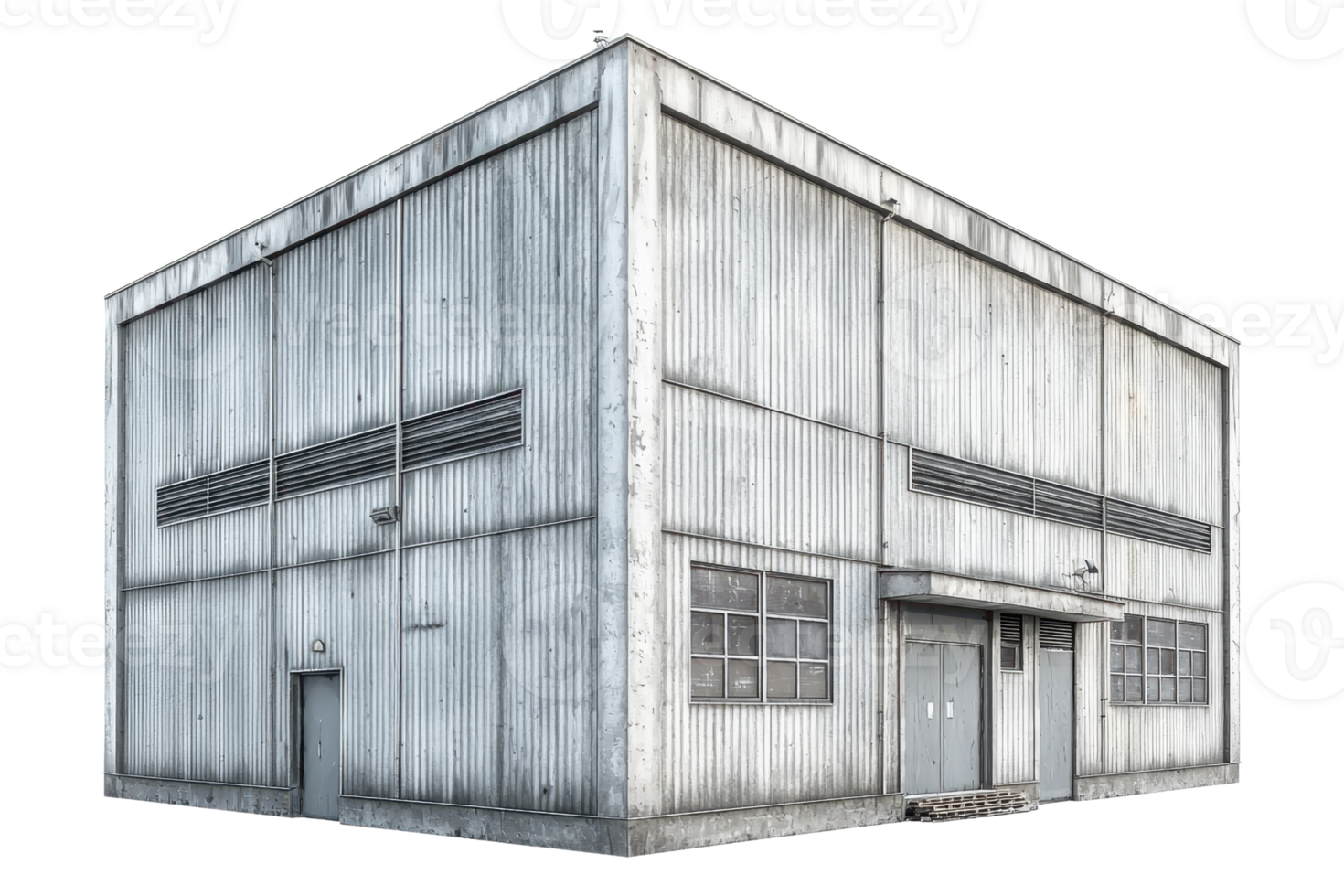 A large, industrial warehouse with a corrugated metal exterior and multiple windows. png